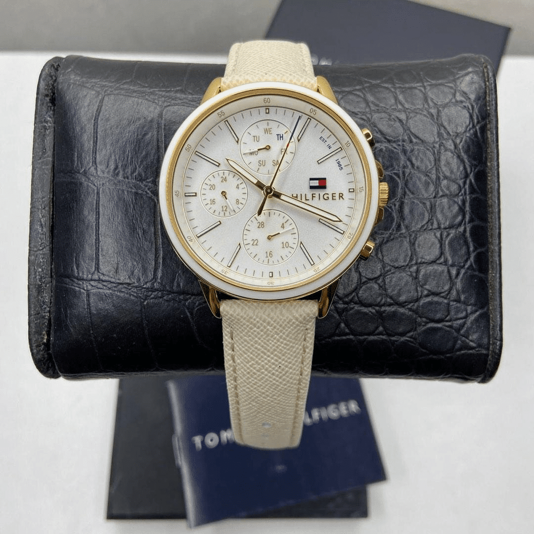 Tommy Hilfiger Silver and White 1781790 reloj de cuero genuino dorado  casual para mujer - TIME Guatemala